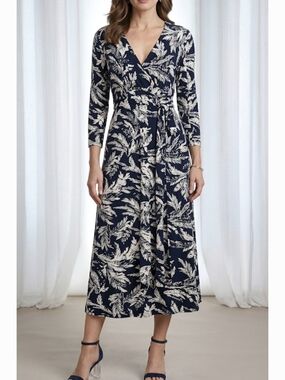 CAbi Navy and Cream Leaf-Print Wrap Midi Dress with Tie Waist